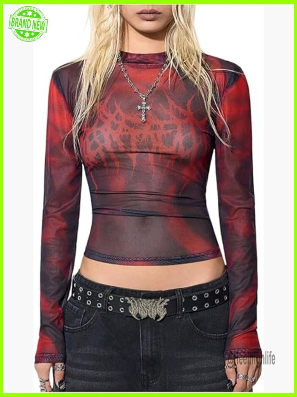 Y2K Gothic Sheer Mesh Crop Top Grunge Graphic Long Sleeve Tee